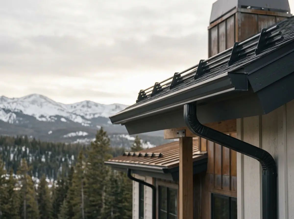 Newly installed seamless aluminum gutters on a Breckenridge, Colorado mountain home with snow guards