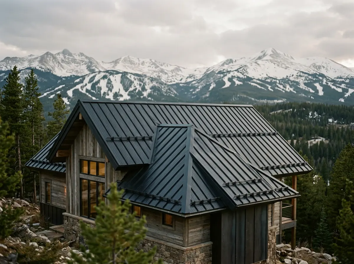 Finished standing-seam metal roof installation on a Breckenridge, Colorado mountain home