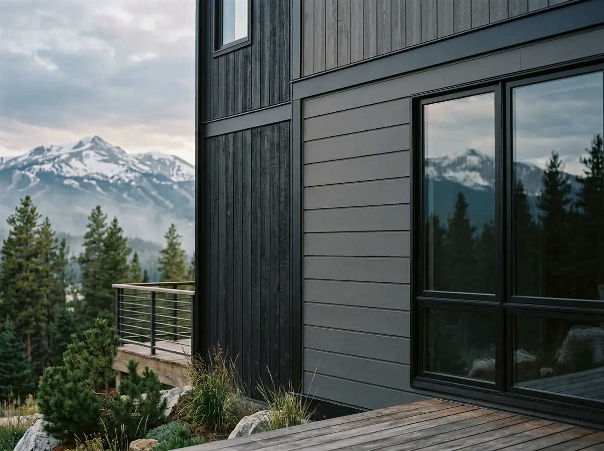 Mountain home in Breckenridge, Colorado with dark-stained vertical wood and fiber-cement siding